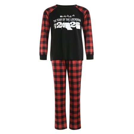 Matching Family Pajamas Sets Merry Christmas Letter Printed Reindeer Long Sleeve Red Plaid Pants Xmas Loungewear